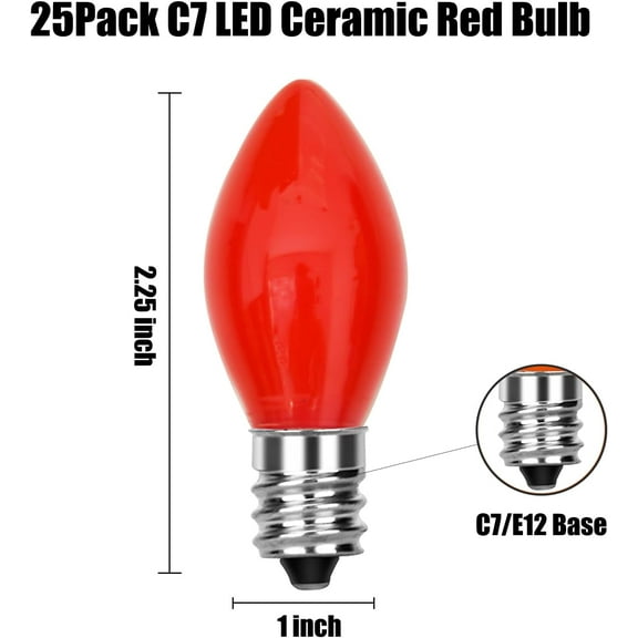 OTGFRF-25PK C7 LED Christmas Replacement Light Bulb, Opaque Red Vintage Bulbs for Outdoor Patio Indoor Party String Light, 0.6W LED Night Light, C7/E12 Candelabra Base, 120V