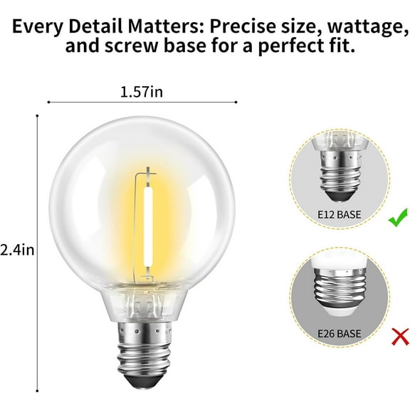 OTGFRF-25Pack G40 Globe LED Bulbs,Long-Life & Shatterproof Vintage Design,Outdoor Ready for String Lights,0.6W Energy Saver (5W Eq.), 2700K Warm White,E12 Base