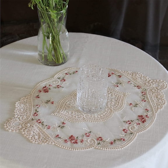 OTGFRF-2pack Vintage Oval Lace Table Placemats, Exquisite Flower Embroidered Doilies vase mat, 12 X 18 Inch (White)