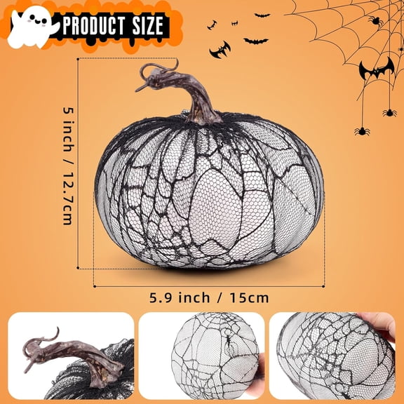 OTGFRF-3.7 Inch Artificial White Pumpkin Decoration with Black Line Spider Web Fake Vegetable Display Handmade Lifelike Harvest Ornament Halloween Thanksgiving - 1 PCS