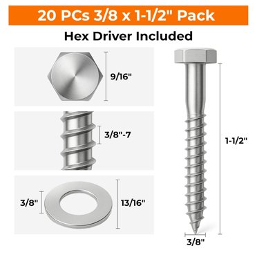 Fastenere 1/2" X 1-1/2" Hex Head Lag Bolts - Stainless Steel 18-8, Heavy Duty Wood Screws (QTY 25)