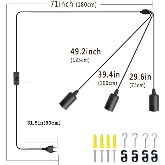 OTGFRF-3 Light Plug in Pendant Light, 10ft Black Hanging Lights Cord with On/Off Switch, E26 Vintage Industrial Hanging Lamp Fixtures for Kitchen Island Farmhouse, Bulb Not Included