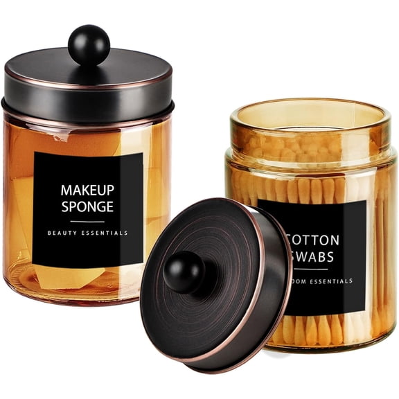 OTGFRF-3 Pack Apothecary Jar Canisters Bathroom Vanity Organizer - Qtip Holder Storage Organizer Set Countertop Canister with Stainless Steel Lids &Cute Stickers for Qtips,Cotton Swabs,Makeup Sponges