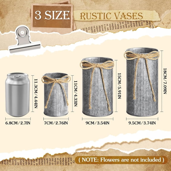 OTGFRF-3 Pcs Farmhouse Vase Decor with Twine Bow 4.33" Galvanized Flower Bucket 5.91" Metal Pots 7.09" Rustic Decorated Vases for Artificial Flowers Home Table Weddings Decor (Black)