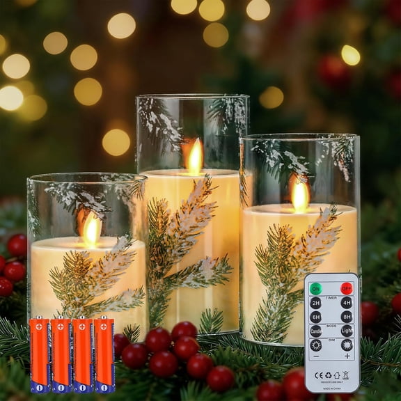 OTGFRF-3 Pcs Fir Pine Needle Flameless Candles LED Christmas Candles Battery Operated with Remote Timer White Warm Light Xmas Table Centerpiece Home Decor, 3 Sizes, Includes 6 Batteries
