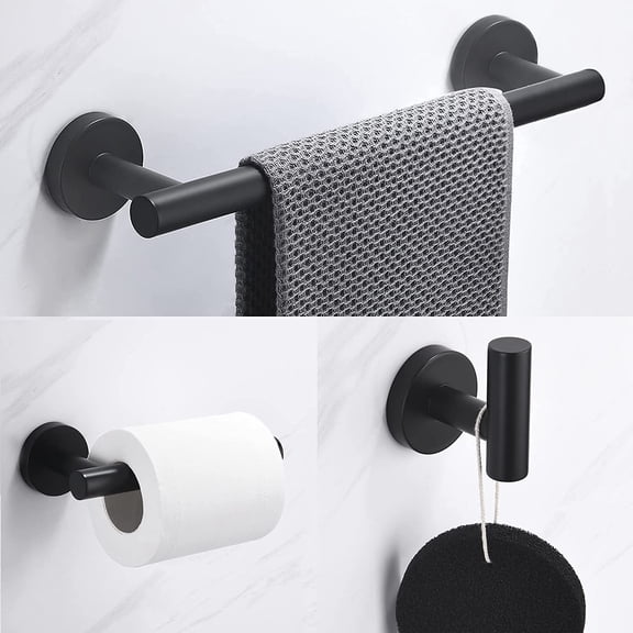 OTGFRF-3-Pieces Set Matte Black Bathroom Hardware Set SUS304 Stainless Steel Round Wall Mounted - Includes 12" Hand Towel Bar,Toilet Paper Holder, Robe Towel Hooks,Bathroom Accessories Kit
