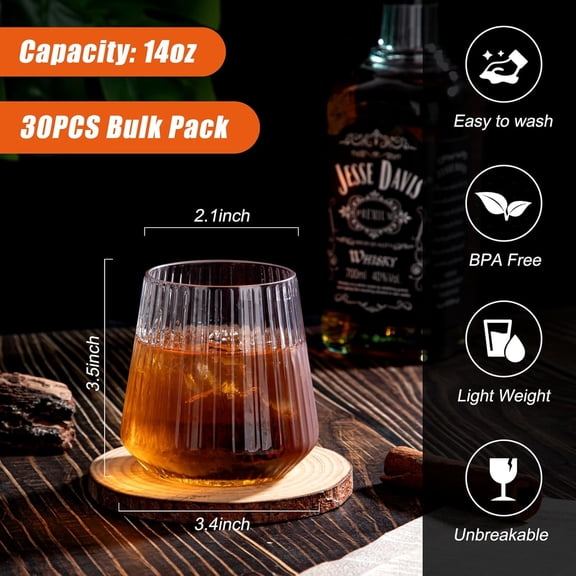 OTGFRF-30 Pack Plastic Ribbed Wine Glasses - 14 OZ Thicker Origami Stemless Disposable Wine Champagne Whiskey Unbreakable Clear Cocktail Glass, Reusable Wine Cups for Home Party Wedding Bar