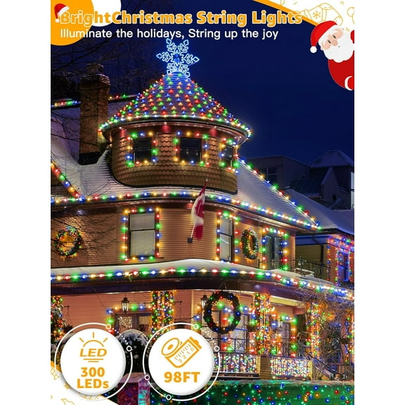 OTGFRF-300 LED 98 FT Christmas Lights, Waterproof Outdoor String Lights with Remote and Timer, Christmas Tree Lights with 8 Modes Dimmable, Fairy Lights for Holiday Decor (Multicolor)
