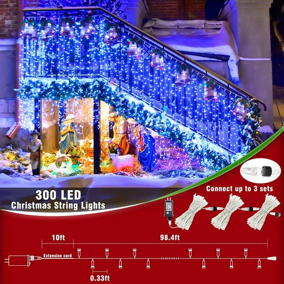 OTGFRF-300 LED Blue Christmas Lights Outdoor Waterproof, 100ft Extra Long Blue String Lights 8 Modes Plug in Twinkle Fairy Lights with Timer for Indoor Outside Bedroom Christmas Tree Party Decoration