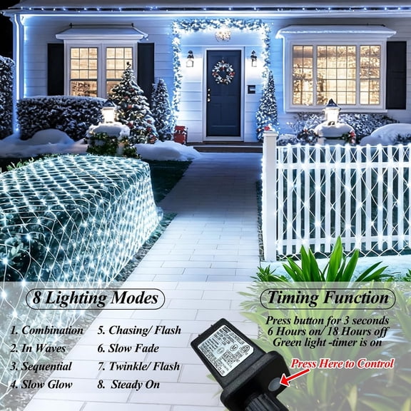 OTGFRF-300 LED Net Lights for Bushes, 14.8ft x 5ft 8 Modes Christmas Outdoor Mesh Lights Connectable, Waterproof Decorative String Light Plug in for Xmas Tree Garden Wedding Party (Clear Wire, White)