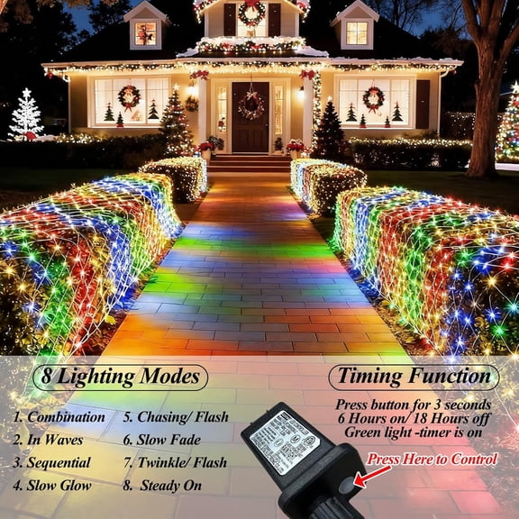 OTGFRF-300 LED Net Lights for Bushes, 14.8ft x 5ft 8 Modes Christmas Outdoor Mesh Lights Connectable, Waterproof Decorative String Lights Plug in for Xmas Tree Garden Wedding Party (Clear Wire, Mulit
