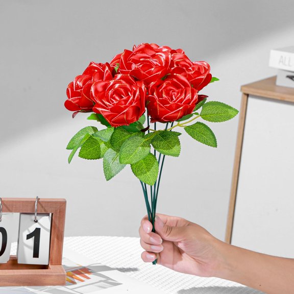 OTGFRF-300Pcs Gold Edge Trim Premade Silk Ribbon Rose Petals,Half-Finished Reduce Repetitive Work,Glitter DIY Eternal Rose Flower Bouquets for Wedding,Anniversary,Birthday Valentine's Day