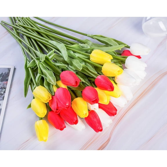 OTGFRF-30pcs Artificial Tulips Flowers Real Touch Multicolored Tulips Fake Holland PU Tulip Bouquet Latex Flowers for Wedding Party Office Home Kitchen Decoration (White Red Yellow)