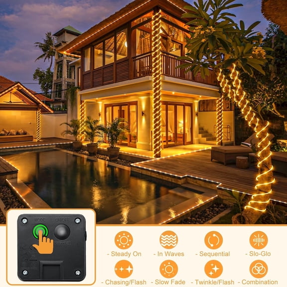 OTGFRF-33FT 135 LED Solar Rope Lights Outdoor Waterproof, Warm White Rope Lights for Outside 8 Modes, Solar Christmas Light for Pool Trampoline Garden Yard Patio Party Decorations