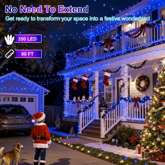 OTGFRF-350LED Christmas Lights Indoor Outdoor, 90ft 12 Modes Blue LED String Lights with Timer Dimmable, Waterproof Christmas Tree Lights for Xmas Patio Yard Fence Balcony Bedroom Garden Party Decor