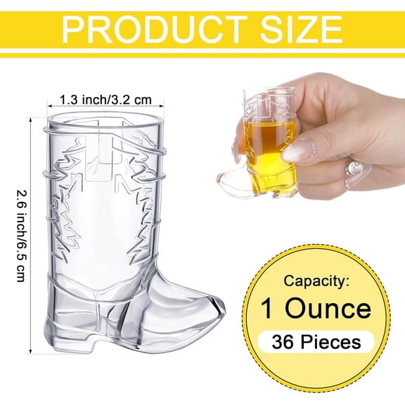 OTGFRF-36 Pieces 1 OZ Clear Mini Cowboy Boot Shot Glasses Reusable Beer Mugs Western Cowboy Plastic Glasses for Cowgirl Party Supplies, Bachelorette Party, Wedding Decor