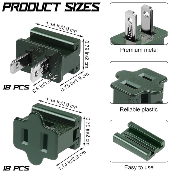 OTGFRF-36 Pieces Christmas Male and Female SPT-1 Vampire Plugs Light Slip Zip Plug Green Gilbert Plugs Electrical Light End Plug for Xmas Holiday Outdoor Indoor Lighting, 18 Female+18 Male
