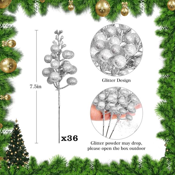 OTGFRF-36Pcs Silver Christmas Glitter Berries Stems, 7.5 Inch Artificial Christmas Picks, Glitter Berry Branches, Berry Holly Picks Stems for Christmas Tree Ornaments, DIY Xmas Wreath Party Home Deco