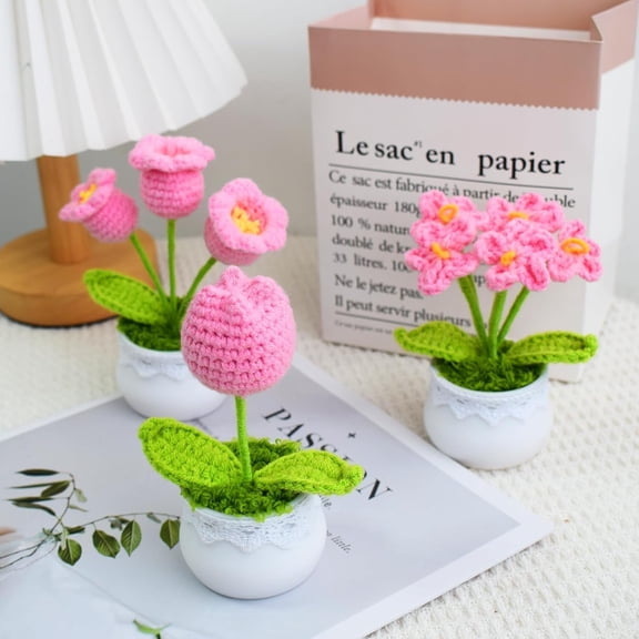 OTGFRF-3PC Crochet Flowers Set, Knitted Tulips Lily of The Valley and Forget Me Not Flower Potted, Desk Decor Aesthetic for Desk Car Dashboard Decor, for Women Birthday Graduation(Pink)