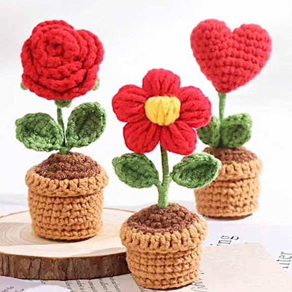 OTGFRF-3PCS Mini Crochet Rose Potted Plant,Hand Knitted Red Love Rose Puff Flower for Bathroom Home Kitchen Rustic Table Centerpiece Shelf Decor