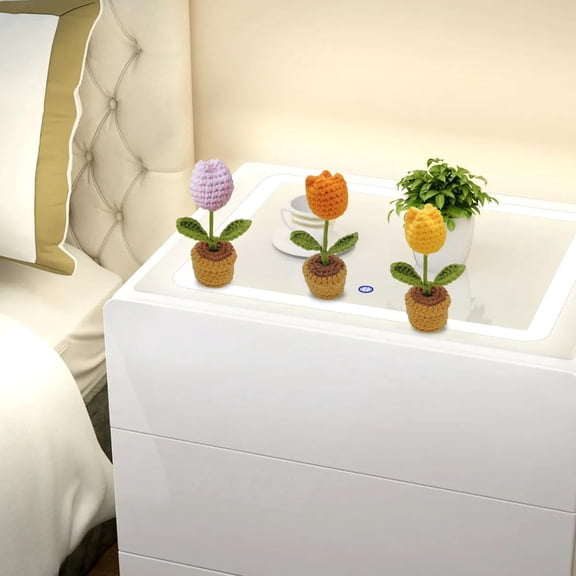 OTGFRF-3PCS Mini Crochet Tulip Potted Plant,Knitted Fake Flower for Bathroom Home Kitchen Rustic Table Centerpiece Shelf Decor