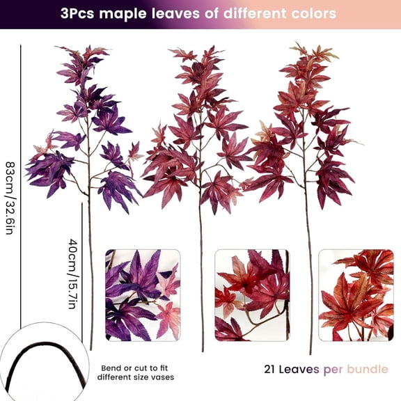 OTGFRF-3Pcs Artificial Maple Leaves Branches,32.6'' Silk Autumn Fake Fall Leaves Stems Plants,Faux Maple Leaf Bushes Shrubs for Fireplace Halloween Decorations(Autumn Red/Dark Red/Purple)