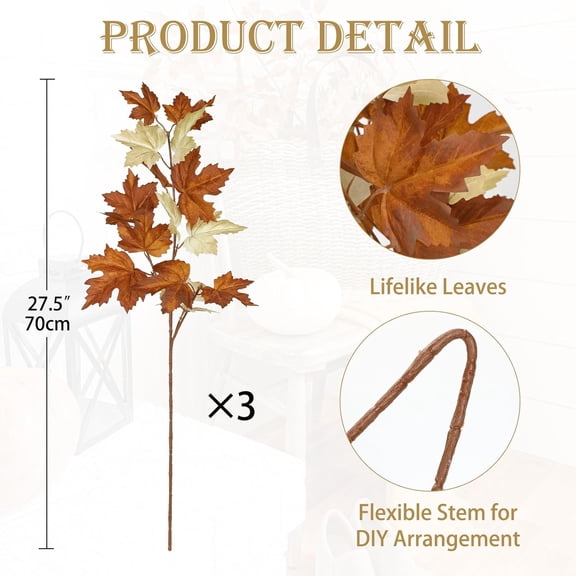 OTGFRF-3Pcs Fall Decor Artificial Maple Leaves Branches Fake Fall Leaves Stems Plants Faux Maple Shrubs Leaf Bushes for Home Kitchen Decor Autumn Thanksgiving Festival Party Decorations White