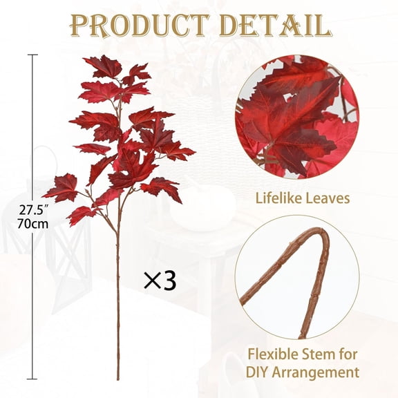 OTGFRF-3Pcs Fall Decor Artificial Maple Leaves Branches Fake Fall Leaves Stems Plants Faux Maple Shrubs Leaf Bushes for Home Kitchen Decor Autumn Thanksgiving Fireplace Festival Party Decorations Lig