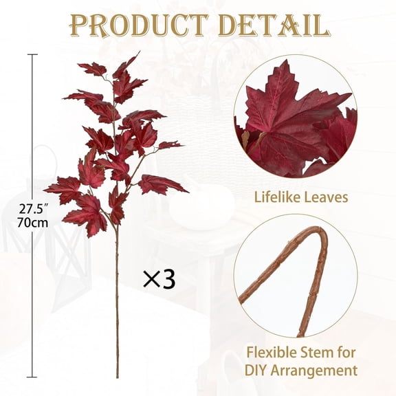 OTGFRF-3Pcs Fall Decor Artificial Maple Leaves Branches Fake Fall Leaves Stems Plants Faux Maple Shrubs Leaf Bushes for Home Kitchen Decor Autumn Thanksgiving Table Fireplace Festival Party Decoratio