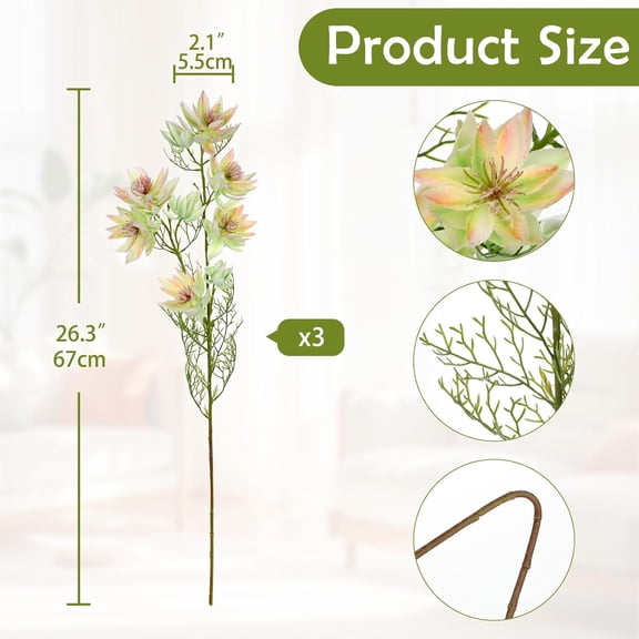 OTGFRF-3Pcs Green-Pink Artificial Flowers Silk 26.3" Fake Protea Flower with Long Stem Faux Flowers Arrangement Branch with 6 Heads for DIY Wedding Party Centerpiece Floral Bouquets Table Home Decor