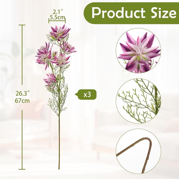OTGFRF-3Pcs Purple Artificial Flowers Silk 26.3" Fake Protea Flower with Long Stem Faux Flowers Arrangement Branch with 6 Heads for DIY Wedding Party Table Centerpiece Floral Bouquets Home Decor