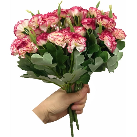 OTGFRF-4 Bunches Bouquet of Artificial Silk Flower Carnations,12" Bouquet and Green Leaf for Home Party,Bridal Wedding Holding Flowers Festival Decor with 10 Per Bunch Flower (Red Edge-White)