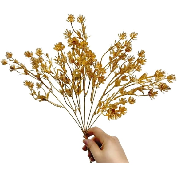 OTGFRF-4 Bunches Gold Artificial Plant,14" Tropical Bush Embellishing Holiday Florals,Indoor Outside Party for Flower,Flower Wreaths,Wedding Backdrop Arch Wall (Gold - Baby Breath Gypsophila)