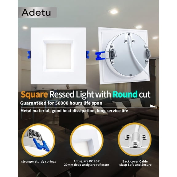 OTGFRF-4 Inch Anti-Glare LED Downlight,Dimmable Ceiling Light with 5CCT Reset,Selectable from 2700K to 5000K - 12W 1080LM, ETL Certified (White, 1 Pack Square)