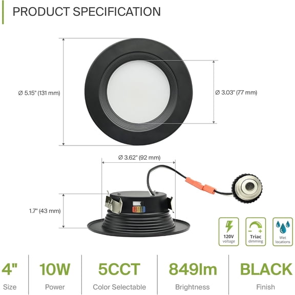 OTGFRF-4 Inch Retrofit LED Recessed Lighting | Metal Trim Black 10W 849LM 120V 2700K-5000K Adjustable Ceiling Downlights | Triac Dimmable Wet Rated Room Can Lights, ETL Energy Star