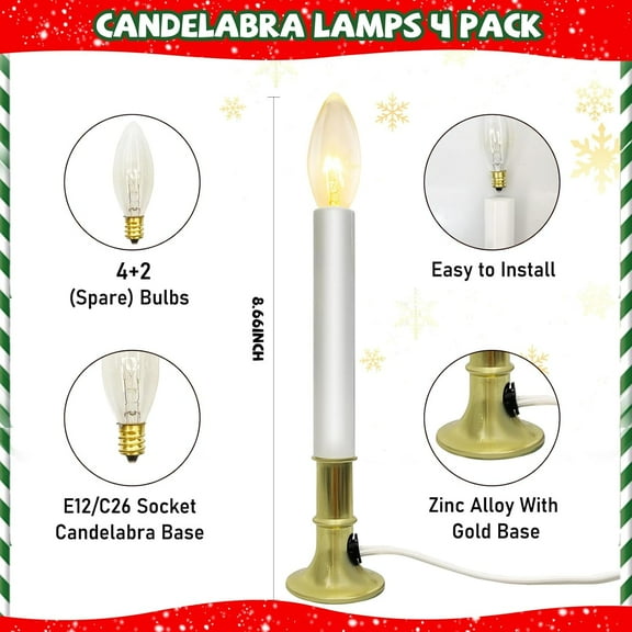 OTGFRF-4 Pack Christmas Electric Window Candles with Dusk-to-Dawn Auto Sensor, Turns On in Dark, Off in Light, Plug in Electric Candle for Christmas Window Home Table Decor, 7W C26 Clear Bulb, Gold B