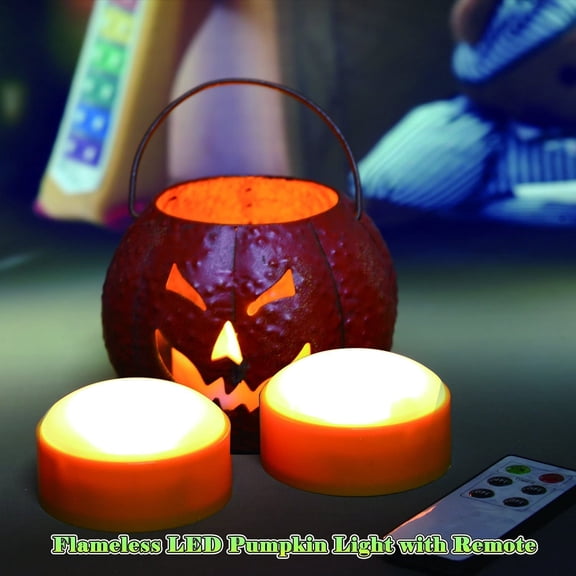 OTGFRF-4 Pack Halloween LED pumpkin Lights with Remote and Timers Battery Operated Jack-O-Lantern Lights Bright Flickering Flameless Electric Candles for Halloween Decor Holiday Decorations Orange Co