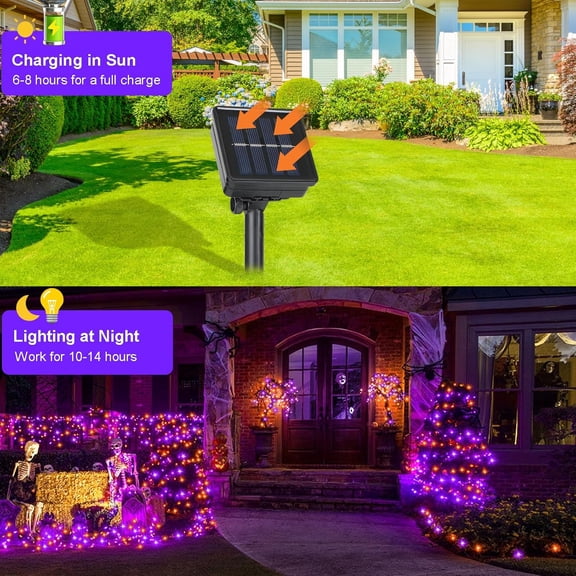 OTGFRF-4 Pack Halloween Solar Fairy Lights 131.2Ft 400 LEDs Outdoor Twinkle Lights with 8 Modes, Waterproof Silver Wire String Lights for Garden Patio Party Decorations (Orange Purple)