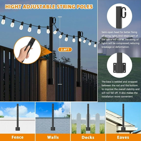 OTGFRF-4 Pack String Light Poles,2.8 Ft Light Poles for Outside String Lights,Outdoor Lights Pole with Fork,Metal Poles Stand for Patio Deck Backyard