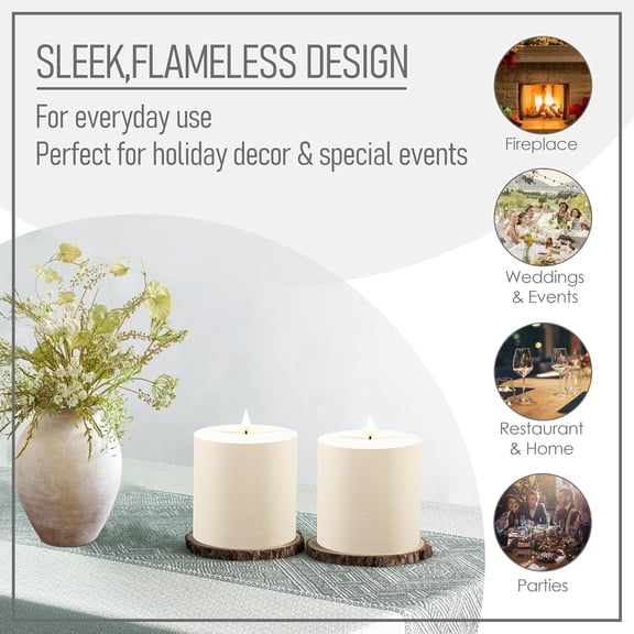 OTGFRF-4" x 4" Ivory LED Flameless Battery Operated Flickering Pillar Candles with Remote Set of 2 for Bathroom, Coffee Table or Dining Table Decor
