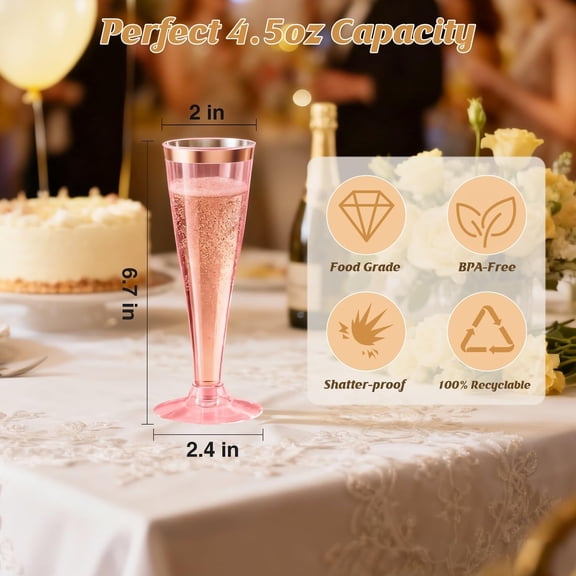 OTGFRF-40 Pack Pink Rim Champagne Flutes Plastic Wine Glasses Disposable, 4.5 Oz Pink Rim Mimosa Glasses for 2025 Engagement Wedding Birthday New Years Eve Xmas Party Supplies, Bulk Toasting Cocktail