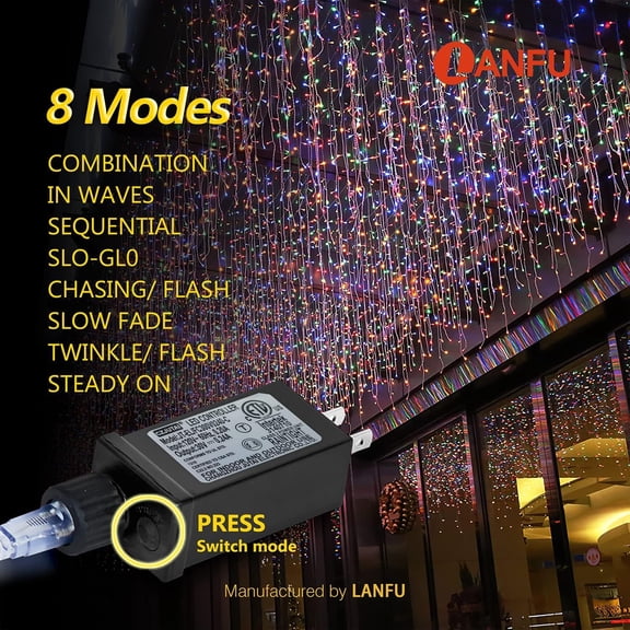 OTGFRF-400 LED,32 feet,75 Drops Icicle Lights Clust Christmas Lights Outdoor Indoor Decorations String Lights Plug in,8 Functions Curtain for Party Birthday Thanksgiving Easter Wedding (Multicolor)