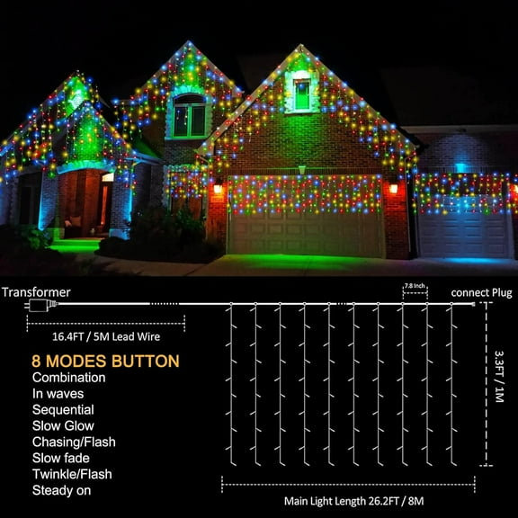 OTGFRF-400 LED Outdoor Curtain Lights, 26.2FT x 3.3FT Connectable 8 Lighting Modes for Christmas Decorations Bedroom Wall Party Garden Decorations (Multicolor)