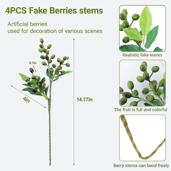 OTGFRF-4PCS Artificial Greenery Faux Olive Berry Stems Fake Berries Branches Artificial Green Olive Branches Fake Berry Stems Decorations Fruits for Christmas Vase Filling Home Garden Wreath Decor(Gr