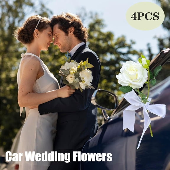 OTGFRF-4PCS Car Wedding Decorations Set White Rose Satin Bridal Vehicle Door Handle Ornaments Just Married Car Accessories Reusable Decor