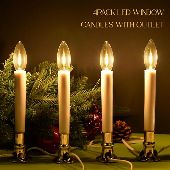 OTGFRF-4PCS Christmas Electric Window Candle Lights with Gold Base Outlet, 5FT Window Candle Lights Cord with 0.6W C26 Clear Bulb On/Off Switch Plug-in 4 Suction Cups for Christmas Window Home Decora