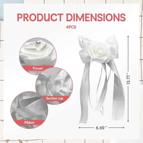 OTGFRF-4PCS Wedding Car Door Handle Flowers, Artificial White Rose with Ribbon Bow, Elegant Cars Decorations for Just Married, Bride & Groom, Wedding Ceremony Floral Decor for Automotive Accessories