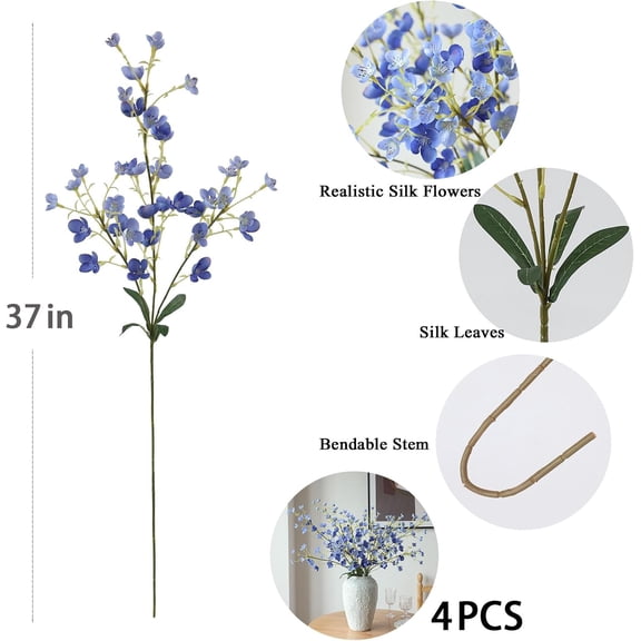 OTGFRF-4Pcs Blue Pear Blossom Artificial Flower 37" Fake Silk Flowers with Stem Faux Flowers Bouquet for Vase Table Centerpieces Arrangements Home Decor Wedding Decorations (Blue)