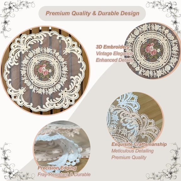 OTGFRF-4Pcs Circle Doilies for Tables Victorian Decor, 11 Inch Lace Table Placemats, Vintage Home Doilies for Dessert Trays Nightstand Dresser, Beige