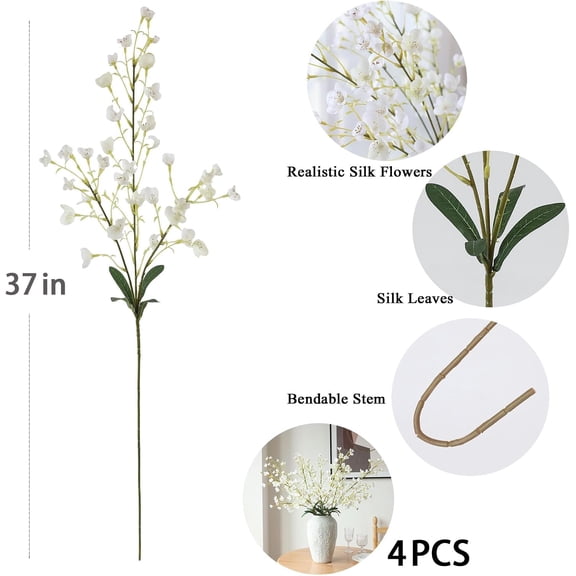 OTGFRF-4Pcs White Pear Blossom Artificial Flower 37" Fake Silk Flowers with Stem Faux Flowers Bouquet for Vase Table Centerpieces Arrangements Home Decor Wedding Decorations (White)